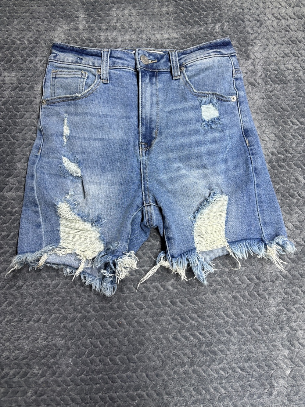 Risen Jeans Frayed Distressed High-Rise Jean Shorts - Light Blue